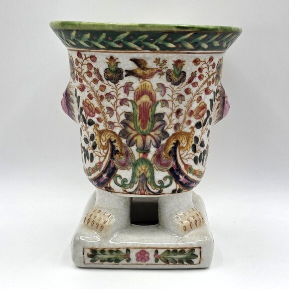 VTG Footed Planter Lion Faces Floral Vase Crackle Crazing Effect Signed Numbered - Picture 4 of 9